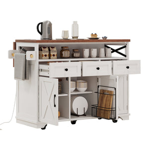 English Elm K&K 46.5'' Farmhouse Kitchen Island Cart with Beaded Drapes, Drop Leaf, Power Hub, Ample Storage White N707P254872W