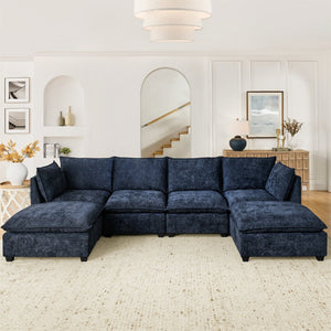 English Elm Comfy Cloud Modular Sectional Four Seat Chenille Sofa with Deep Cushions and Ottomans W1117S00340