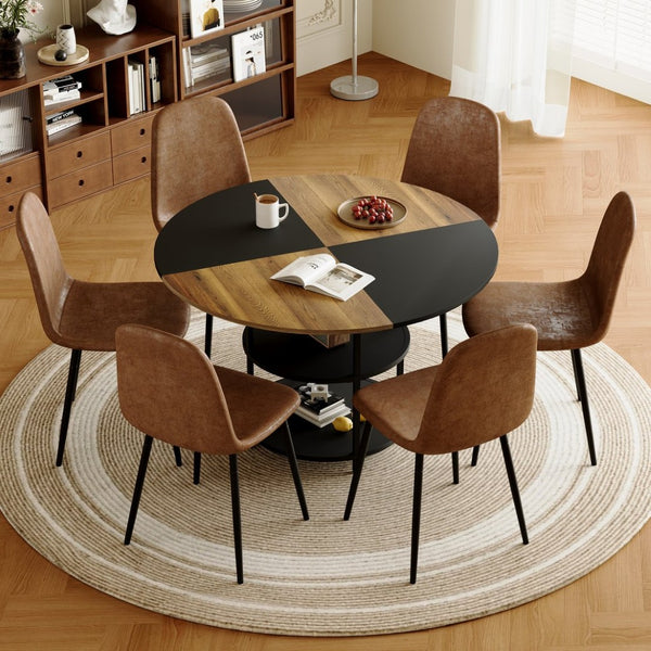 English Elm Table and Chair Set Round Geometric Mdf Dining with Storage Shelf and 6 Fabric Seats W1151S04077