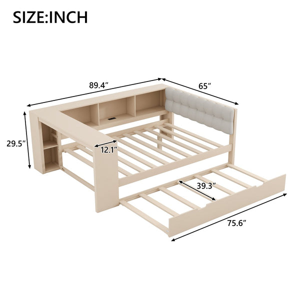 English Elm Wood Twin Platform Bed Linen Headboard Storage Shelves Trundle Charging Station Cream N709P004024C