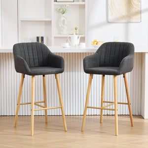 English Elm Modern Linen Upholstered Barstools with Oak Legs Armrests and Footrest for Kitchen Islands Black W395P396317