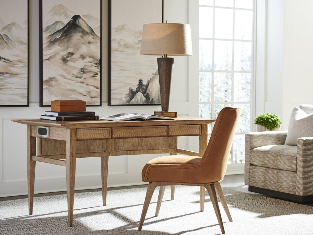 Lexington Sligh Aegis Writing Desk – Elegant Curved Design With Usb Ports, Storage Drawers, And Faux Leather Surface Medium Brown Wood 100fl-410