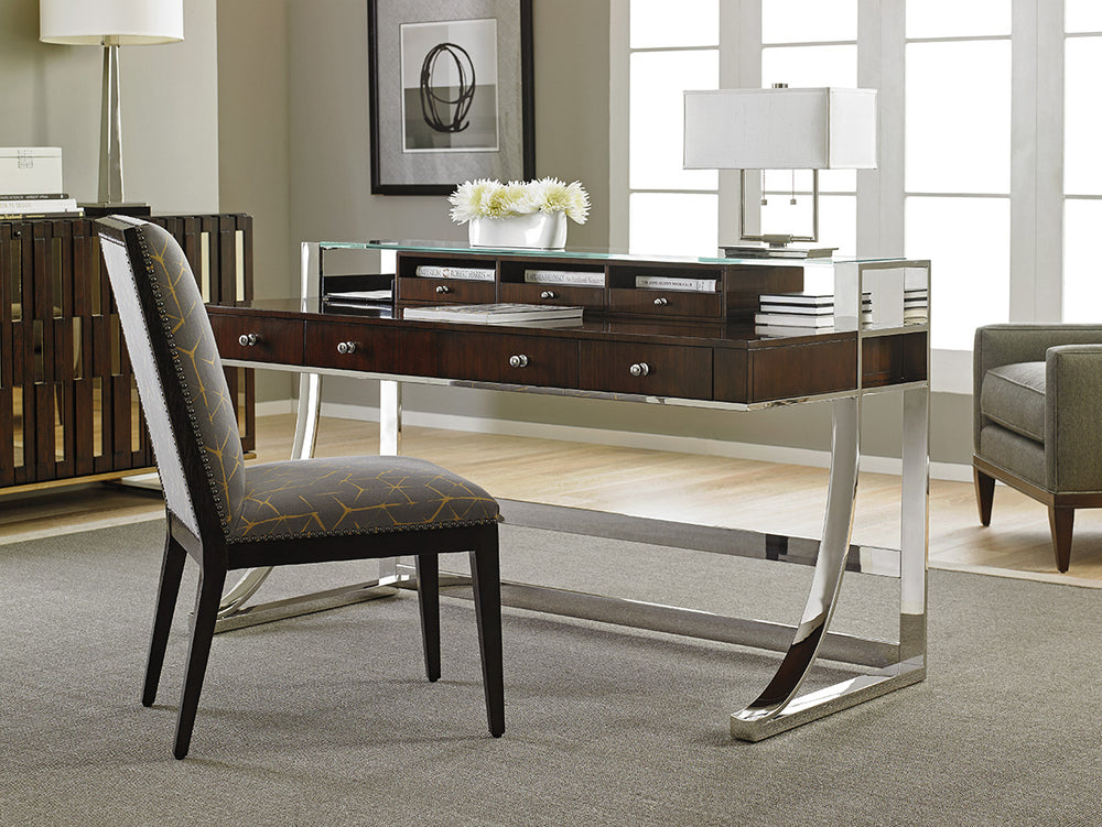 Lexington Sligh Andrea Writing Desk - Polished Stainless Base, Quartered Walnut Top, And Stylish Storage Options Dark Brown Wood 100ww-406
