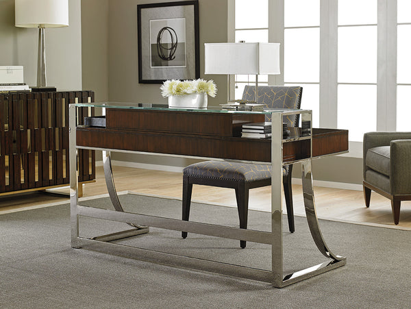 Lexington Sligh Andrea Writing Desk - Polished Stainless Base, Quartered Walnut Top, And Stylish Storage Options Dark Brown Wood 100ww-406