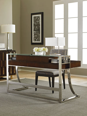 Lexington Sligh Andrea Writing Desk - Polished Stainless Base, Quartered Walnut Top, And Stylish Storage Options Dark Brown Wood 100ww-406