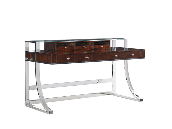 Lexington Sligh Andrea Writing Desk - Polished Stainless Base, Quartered Walnut Top, And Stylish Storage Options Dark Brown Wood 100ww-406