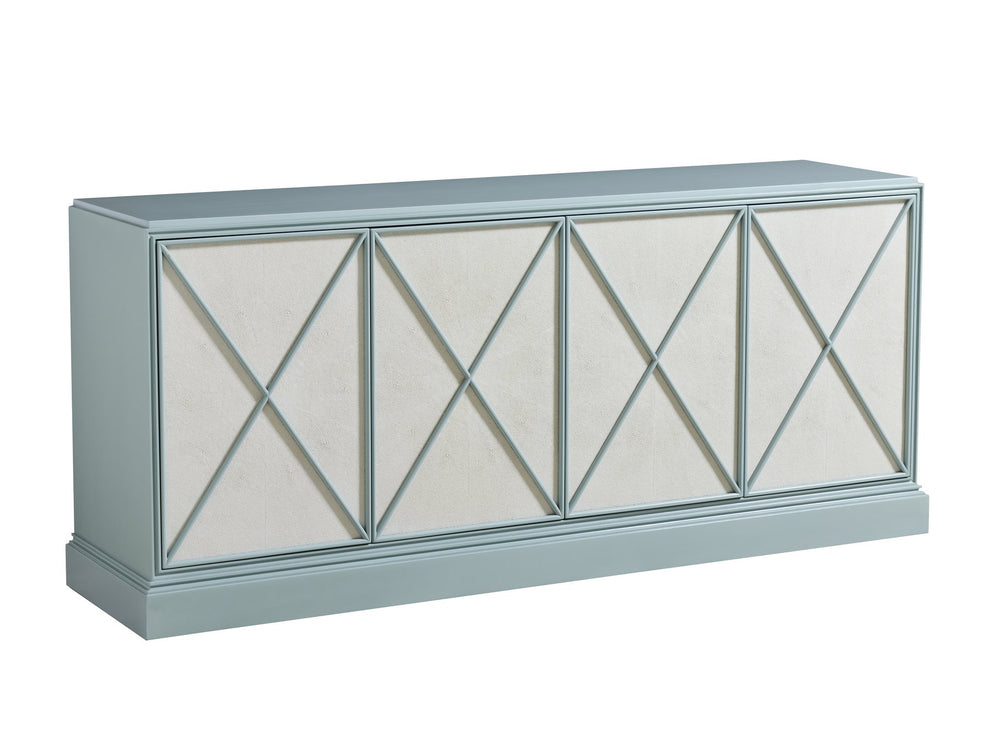 Lexington Sligh Rosalind Media Console: Stylish Transitional Design With Elegant Faux Shagreen And Adjustable Shelves Blue Wood 100xm-660