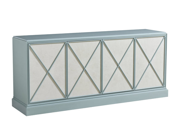 Lexington Sligh Rosalind Media Console: Stylish Transitional Design With Elegant Faux Shagreen And Adjustable Shelves Blue Wood 100xm-660