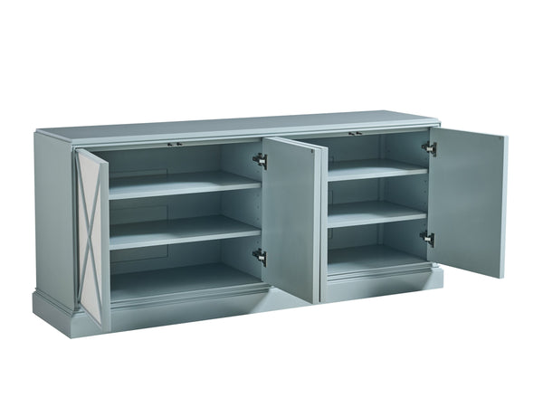 Lexington Sligh Rosalind Media Console: Stylish Transitional Design With Elegant Faux Shagreen And Adjustable Shelves Blue Wood 100xm-660