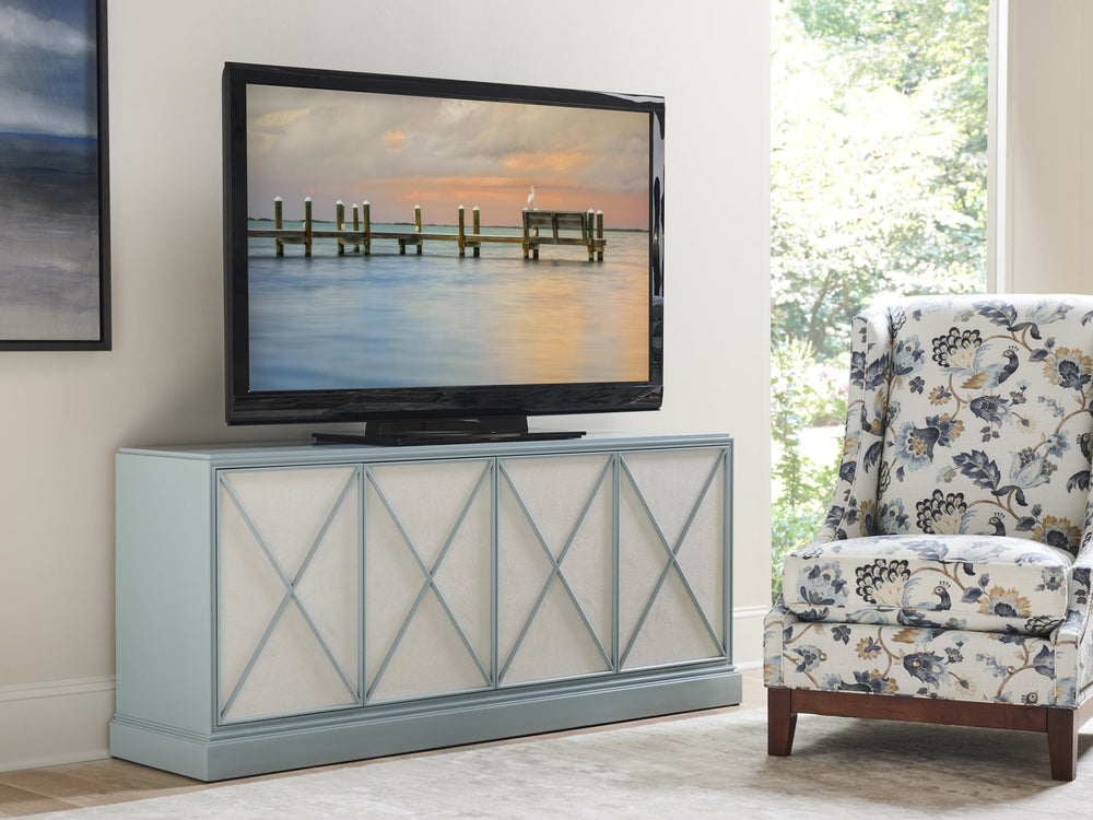 Lexington Sligh Rosalind Media Console: Stylish Transitional Design With Elegant Faux Shagreen And Adjustable Shelves Blue Wood 100xm-660