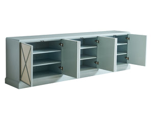 Lexington Sligh Rosalind Media Console: Stylish Transitional Design With Elegant Faux Shagreen And Adjustable Shelves Blue Wood 100xm-661