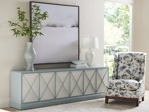 Lexington Sligh Rosalind Media Console: Stylish Transitional Design With Elegant Faux Shagreen And Adjustable Shelves Blue Wood 100xm-661