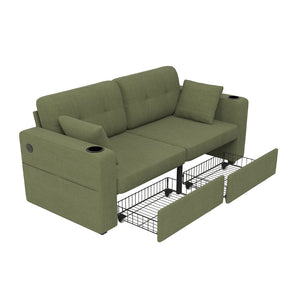 English Elm Sofas for Living Room Chenille Three Seat Couch with Usb Charging Storage and Cup Holder Olive W395S00146