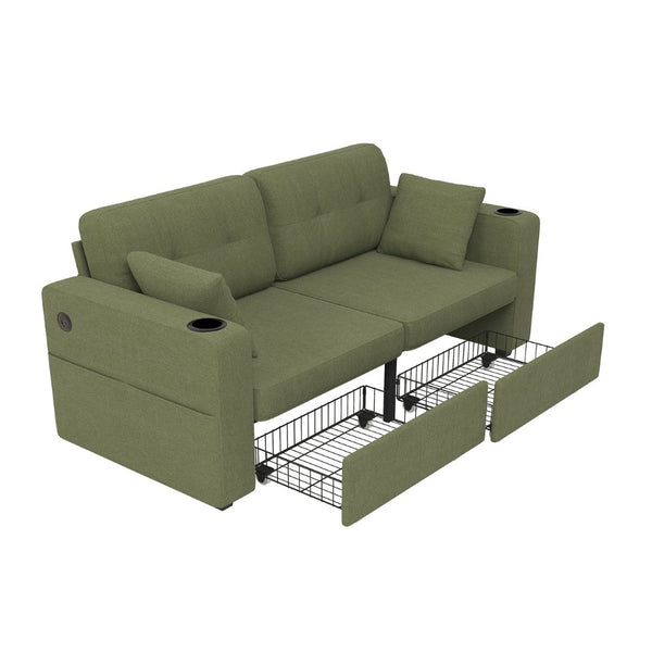 English Elm Sofas for Living Room Chenille Three Seat Couch with Usb Charging Storage and Cup Holder Olive W395S00146