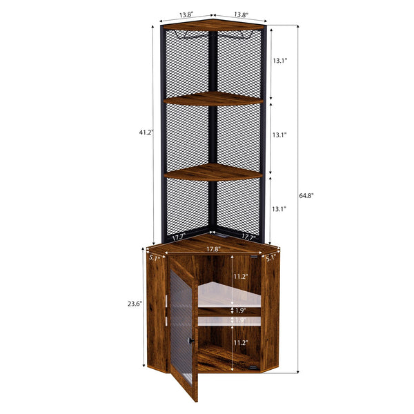 English Elm Corner 65" Corner Cabinet with Doors, 6-Tier Freestanding Storage Shelf w/Wine Rack, USB & AC Power T3177P268172