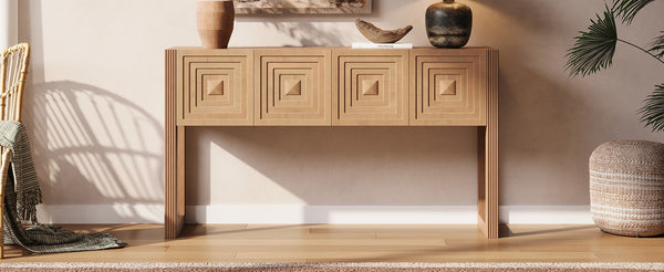 English Elm [video] Art Deco Console Table Geometric Carved Fronts Fluted Legs 3 Soft-close Drawers Light Brown N759P433572T
