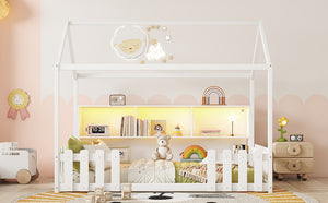 English Elm Twin House Bed with LED Light and Built-In Bookshelf, Solid Wood Playhouse Design for Kids Safety White 78.15 L x 15.75 W x 6.1 H W2593P269087