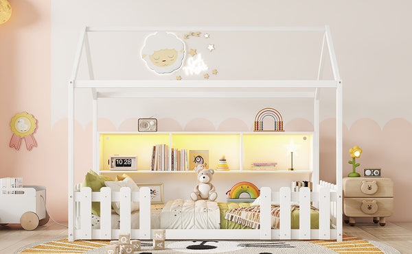 English Elm Twin House Bed with LED Light and Built-In Bookshelf, Solid Wood Playhouse Design for Kids Safety White 78.15 L x 15.75 W x 6.1 H W2593P269087