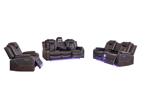 English Elm Violetglow Reclining Sofa with Led Lighting Wireless Charging and Bluetooth Speakers Brown B2730S00033
