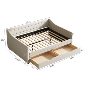 English Elm Full Size Upholstered Daybed With Storage Drawers - Elegant Tufted Sofa Bed In Beige For Versatility W2336S00034