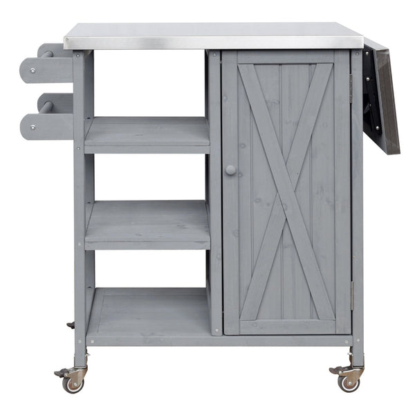 English Elm Foldable Outdoor Kitchen Cart with Stainless Worktop Fir Wood Frame and Lockable Wheels Grey N719P380281K