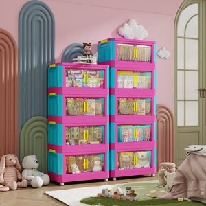 English Elm Happy 20" Side Wide Folding Storage Cabinet with 5 Tiers, Wheels, Magnetic Door, Durable PP Design Pink+Blue W2873P279886