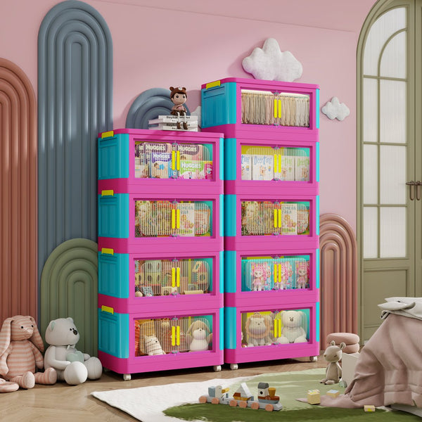 English Elm Happy 20" Side Wide Folding Storage Cabinet with 5 Tiers, Wheels, Magnetic Door, Durable PP Design Pink+Blue W2873P279886