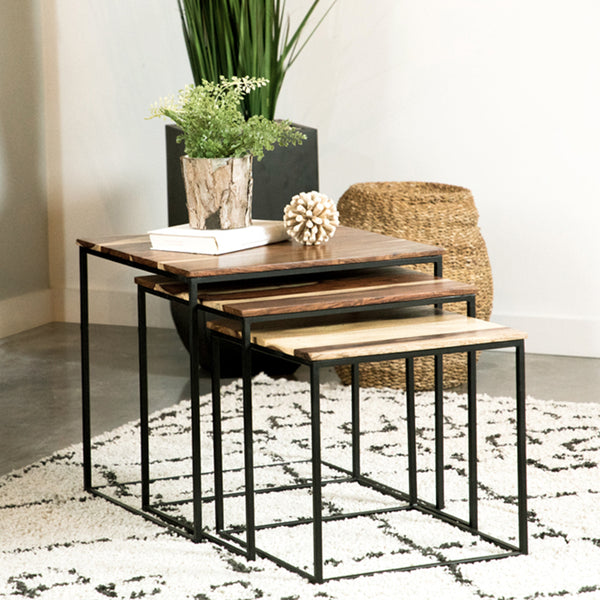 English Elm 3-piece Solid Sheesham Nesting Tables with Natural Grain Tops & Black Iron Frames for Small Spaces B016P384776