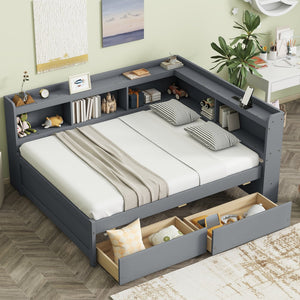 English Elm Full Size L-Shaped Bed With Bookcases, Usb Ports & Drawers - Space-Saving Grey Bedroom Solution W504S00245