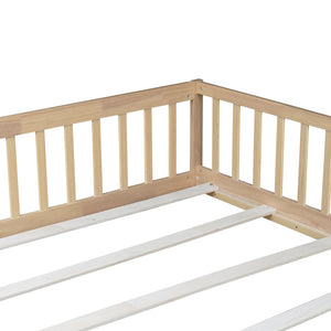 English Elm Queen Rubber Wood Floor Bed with Full Perimeter Safety Fence and Hinged Access Door Natural W504P429341