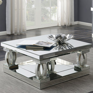 English Elm Shannon Mirrored Square Coffee Table with Rhinestone Bowed Legs, Silver Glass Finish & Lower Shelf (40.5") B062P337734