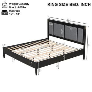 English Elm Solid Pine King Platform Bed with Upholstered Headboard and Industrial Metal Accents Black,Dark Grey N770PK361419B