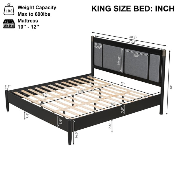 English Elm Solid Pine King Platform Bed with Upholstered Headboard and Industrial Metal Accents Black,Dark Grey N770PK361419B