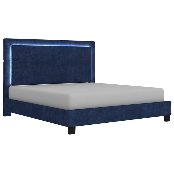 Worldwide Home Furnishings Lumina-78'' Backlit Bed With Touch Sensor Led - Blue Upholstery, Dimming Feature & No Box Spring Needed Blue Velvet 101-088k-bl