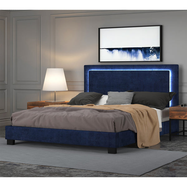Worldwide Home Furnishings Lumina-78'' Backlit Bed With Touch Sensor Led - Blue Upholstery, Dimming Feature & No Box Spring Needed Blue Velvet 101-088k-bl