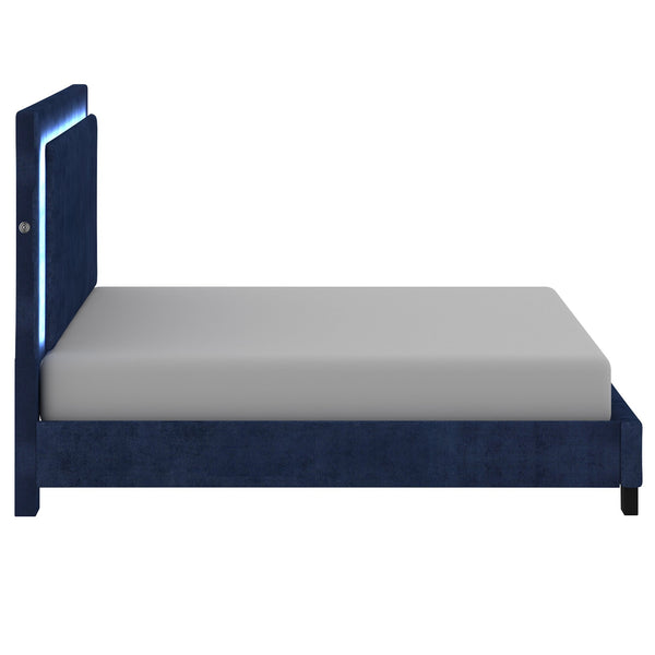 Worldwide Home Furnishings Lumina-78'' Backlit Bed With Touch Sensor Led - Blue Upholstery, Dimming Feature & No Box Spring Needed Blue Velvet 101-088k-bl
