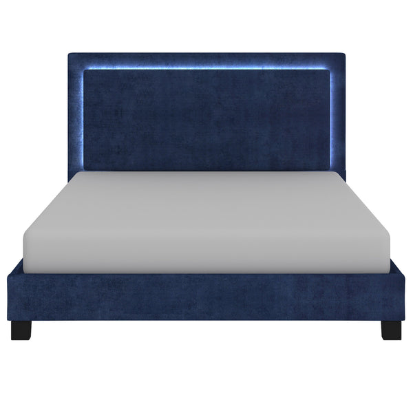 Worldwide Home Furnishings Lumina-78'' Backlit Bed With Touch Sensor Led - Blue Upholstery, Dimming Feature & No Box Spring Needed Blue Velvet 101-088k-bl