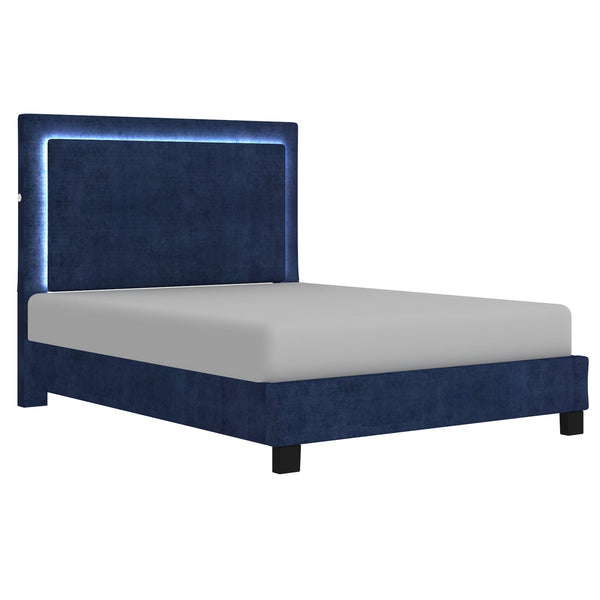 Worldwide Home Furnishings Lumina-60'' Platform Bed - Blue With Backlit Headboard, Touch Sensor Led, No Box Spring Needed! Blue Velvet 101-088q-bl