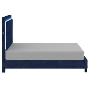 Worldwide Home Furnishings Lumina-60'' Platform Bed - Blue With Backlit Headboard, Touch Sensor Led, No Box Spring Needed! Blue Velvet 101-088q-bl
