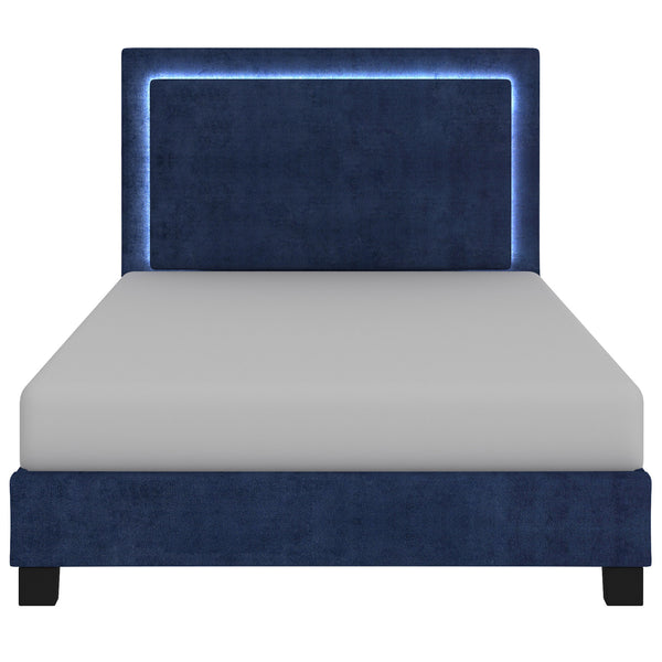Worldwide Home Furnishings Lumina-60'' Platform Bed - Blue With Backlit Headboard, Touch Sensor Led, No Box Spring Needed! Blue Velvet 101-088q-bl