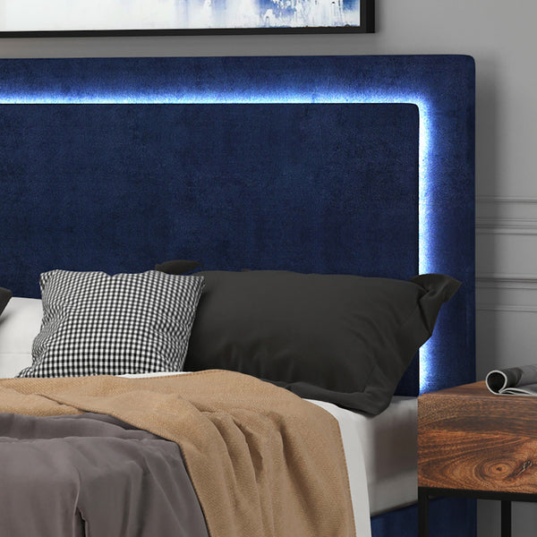Worldwide Home Furnishings Lumina-60'' Platform Bed - Blue With Backlit Headboard, Touch Sensor Led, No Box Spring Needed! Blue Velvet 101-088q-bl