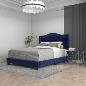 Worldwide Home Furnishings Pixie-60'' Modern Upholstered Bed With Elegant Button Tufting & Nail Head Detailing For Stylish Spaces Blue Velvet 101-296q-nav