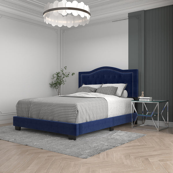 Worldwide Home Furnishings Pixie-60'' Modern Upholstered Bed With Elegant Button Tufting & Nail Head Detailing For Stylish Spaces Blue Velvet 101-296q-nav