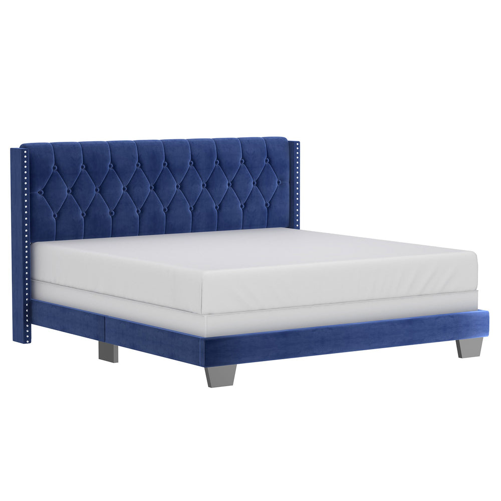 Worldwide Home Furnishings Gunner-78'' Bed - Elegant Blue Upholstered Design With Button Tufting & Solid Wood Support System Blue Velvet 101-299k-nav