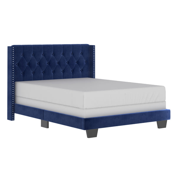 Worldwide Home Furnishings Gunner-60'' Elegant Blue Bed With Button Tufted Headboard & Sturdy Wood Slats For Ultimate Comfort Blue Velvet 101-299q-nav