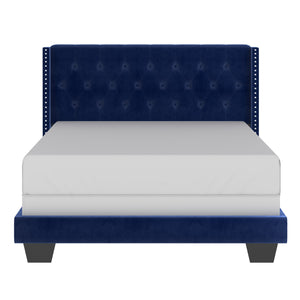 Worldwide Home Furnishings Gunner-60'' Elegant Blue Bed With Button Tufted Headboard & Sturdy Wood Slats For Ultimate Comfort Blue Velvet 101-299q-nav