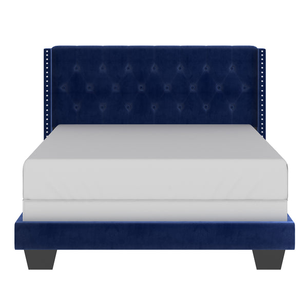 Worldwide Home Furnishings Gunner-60'' Elegant Blue Bed With Button Tufted Headboard & Sturdy Wood Slats For Ultimate Comfort Blue Velvet 101-299q-nav