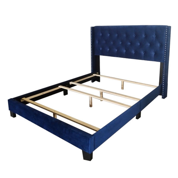 Worldwide Home Furnishings Gunner-60'' Elegant Blue Bed With Button Tufted Headboard & Sturdy Wood Slats For Ultimate Comfort Blue Velvet 101-299q-nav