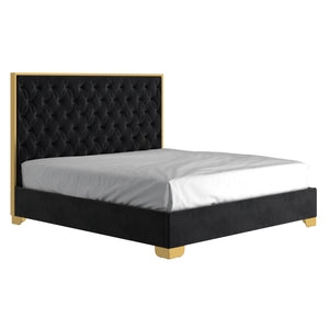 Worldwide Home Furnishings Lucille-78'' Bed - Luxurious Velvet Upholstered Design With Stylish Button Tufting & Metal Legs Black,Gold Velvet,Metal 101-596k-bk_Gl