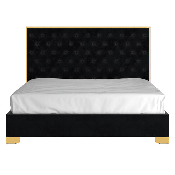 Worldwide Home Furnishings Lucille-78'' Bed - Luxurious Velvet Upholstered Design With Stylish Button Tufting & Metal Legs Black,Gold Velvet,Metal 101-596k-bk_Gl